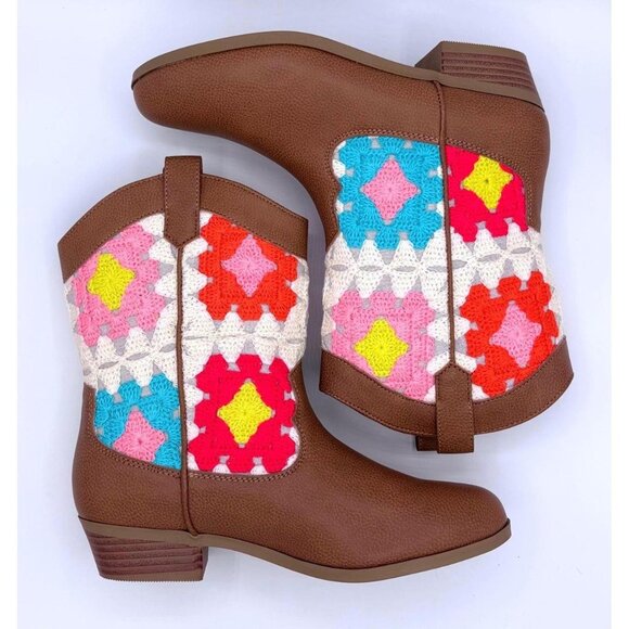 Sonoma Girls Western Cowboy Boots Brown Crochet Mid-Calf Ankle Boots Size 4 - Picture 2 of 6